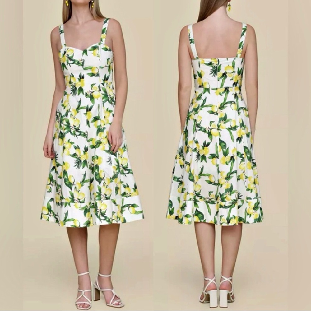 Avec Les Filles White Lemon-Print Midi Dress size 6